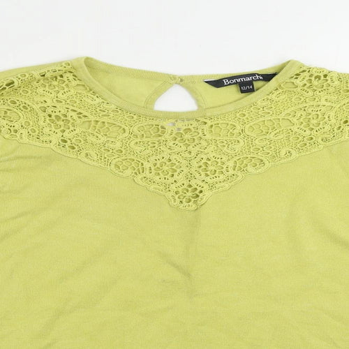 Bonmarché Womens Green Round Neck Viscose Pullover Jumper Size 12 - Crochet Detail