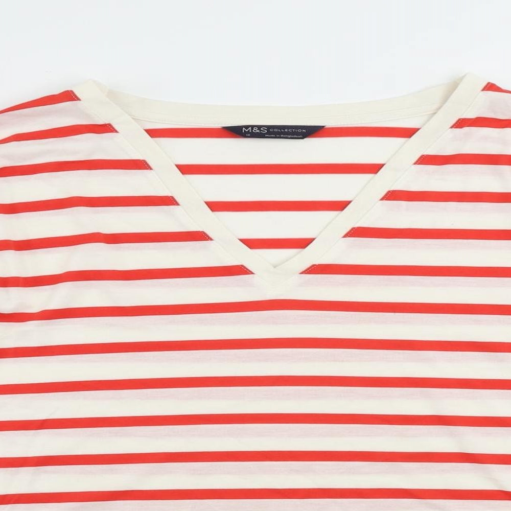 Marks and Spencer Womens Red Striped Polyester Basic T-Shirt Size 12 V-Neck