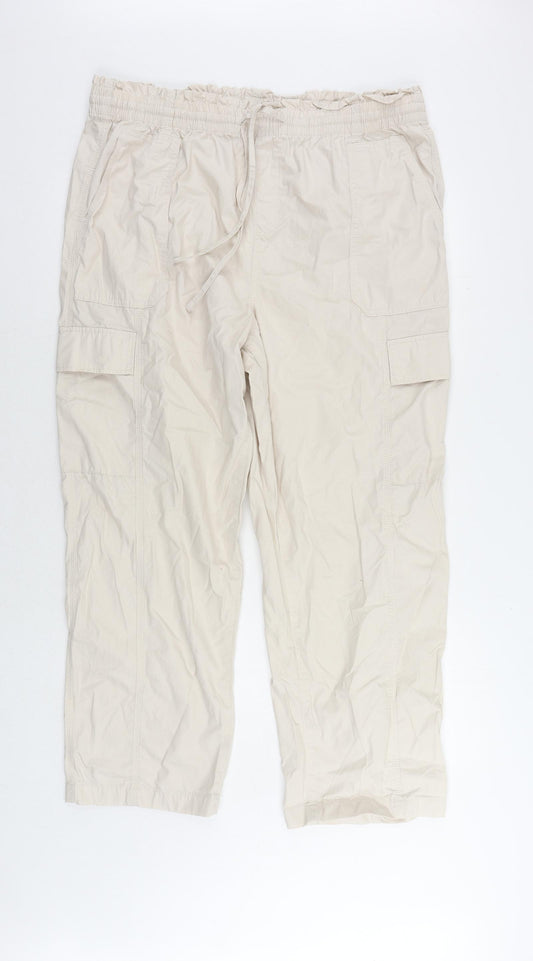 Marks and Spencer Womens Beige Cotton Cargo Trousers Size 18 L29 in Regular Drawstring - Elastic Waist