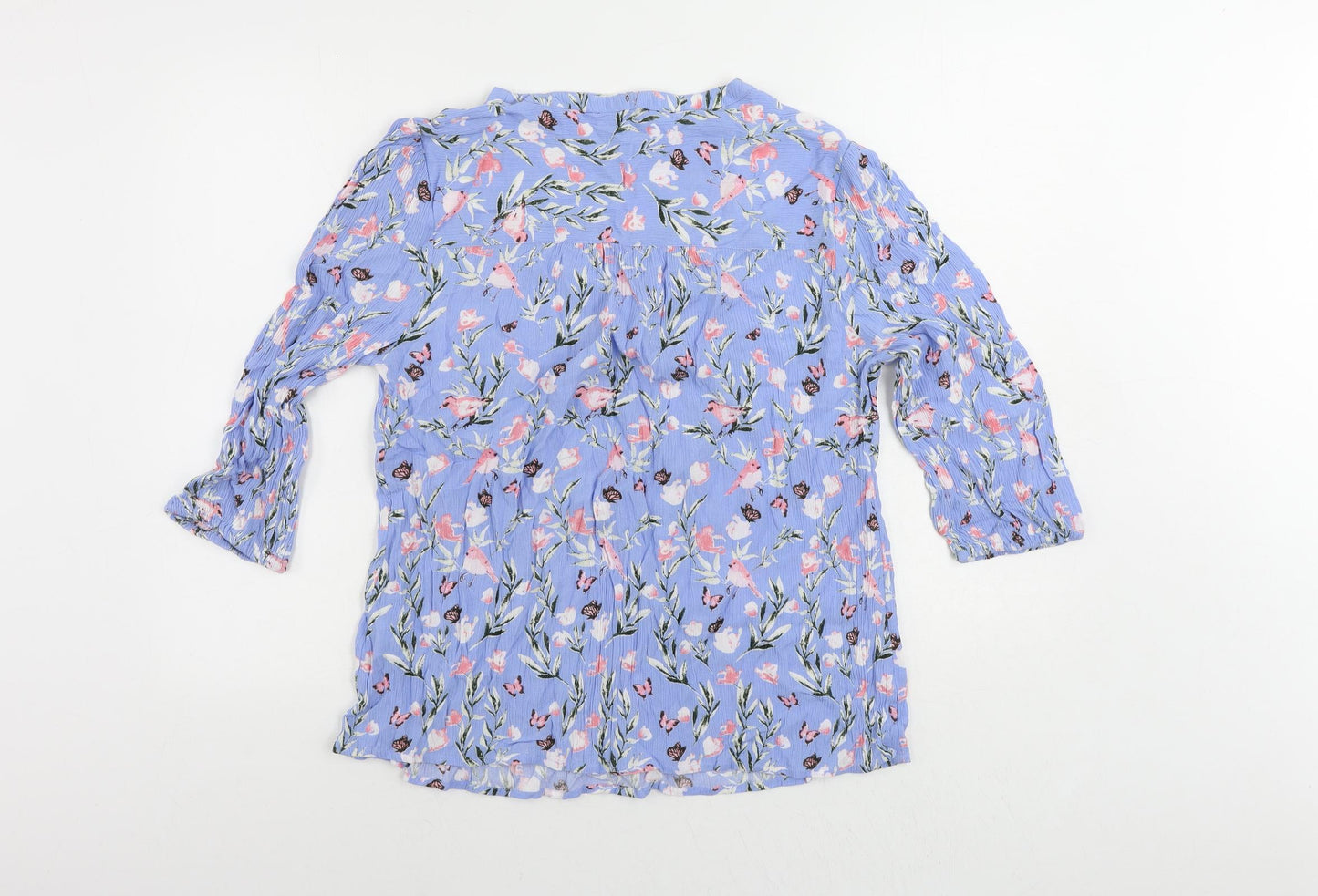 Cotton Traders Womens Blue Floral Viscose Basic Blouse Size 12 V-Neck