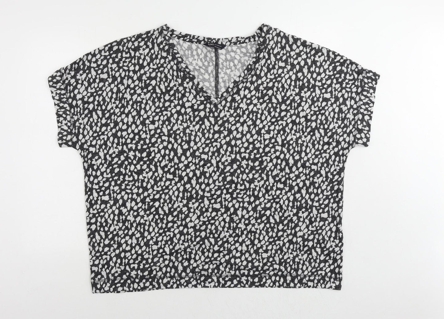 Marks and Spencer Womens Grey Animal Print Linen Basic T-Shirt Size 22 V-Neck