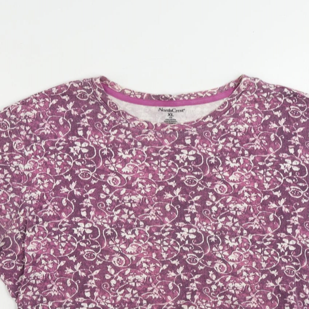 North Crest Womens Purple Floral Cotton Basic T-Shirt Size XL Crew Neck