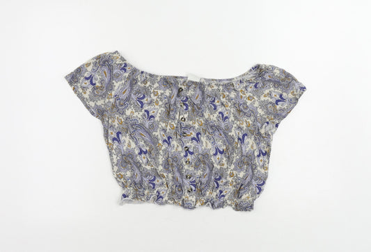 H&M Womens Blue Paisley Viscose Cropped Blouse Size M Off the Shoulder