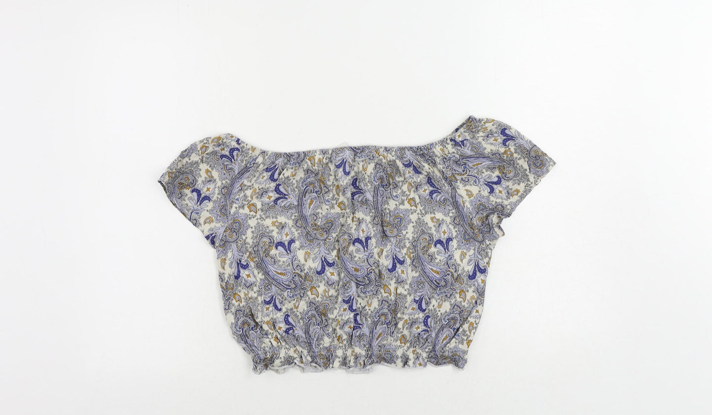 H&M Womens Blue Paisley Viscose Cropped Blouse Size M Off the Shoulder