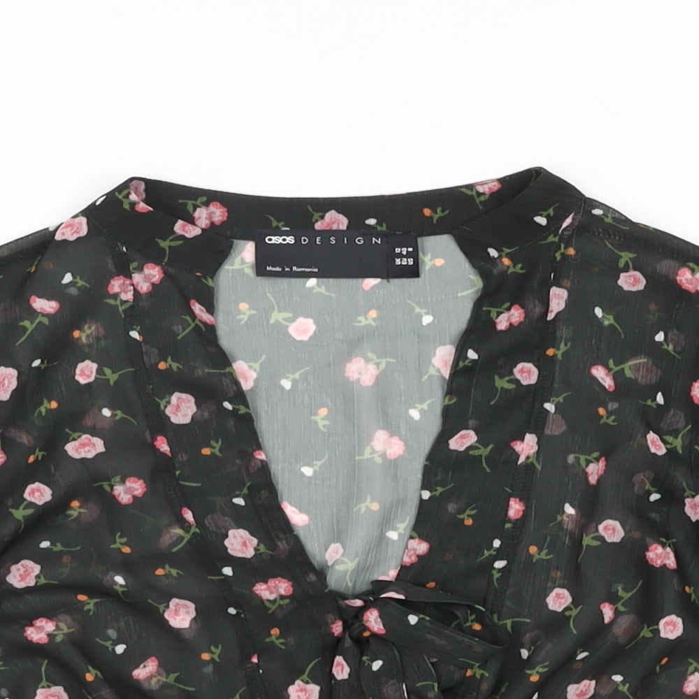 ASOS Womens Black Floral Polyester Basic Blouse Size 12 V-Neck