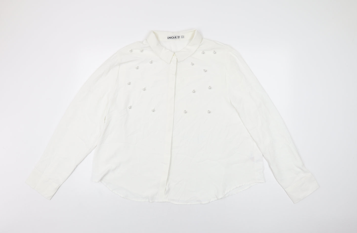 Unique 21 Womens White Polyester Basic Button-Up Size 22 Collared