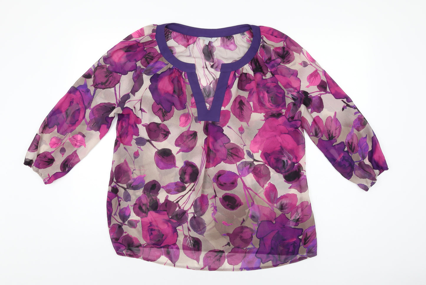 Per Una Womens Purple Floral Polyester Basic Blouse Size 14 V-Neck