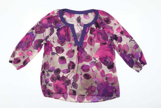 Per Una Womens Purple Floral Polyester Basic Blouse Size 14 V-Neck