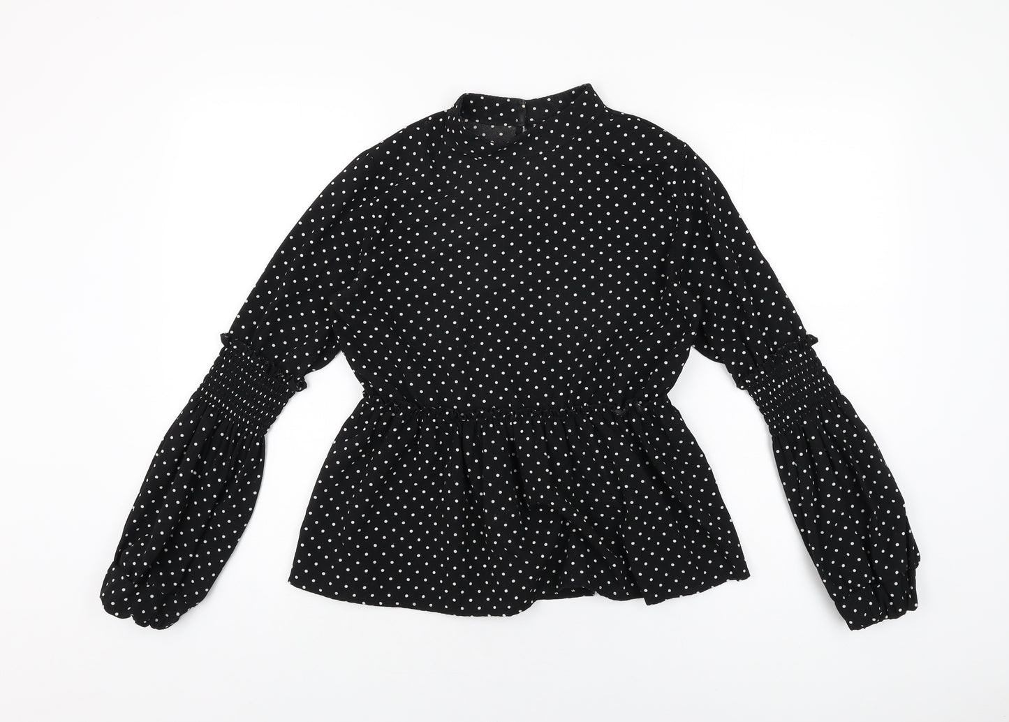 Boohoo Womens Black Polka Dot Polyester Basic Blouse Size 8 Round Neck