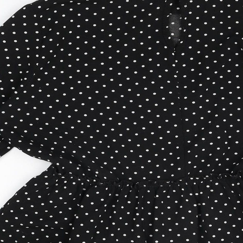 Boohoo Womens Black Polka Dot Polyester Basic Blouse Size 8 Round Neck