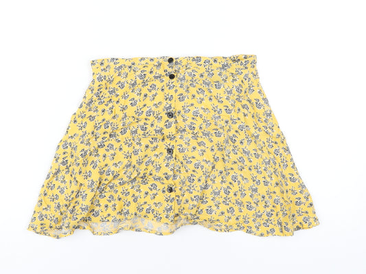 H&M Womens Yellow Floral Viscose A-Line Skirt Size 8 Button