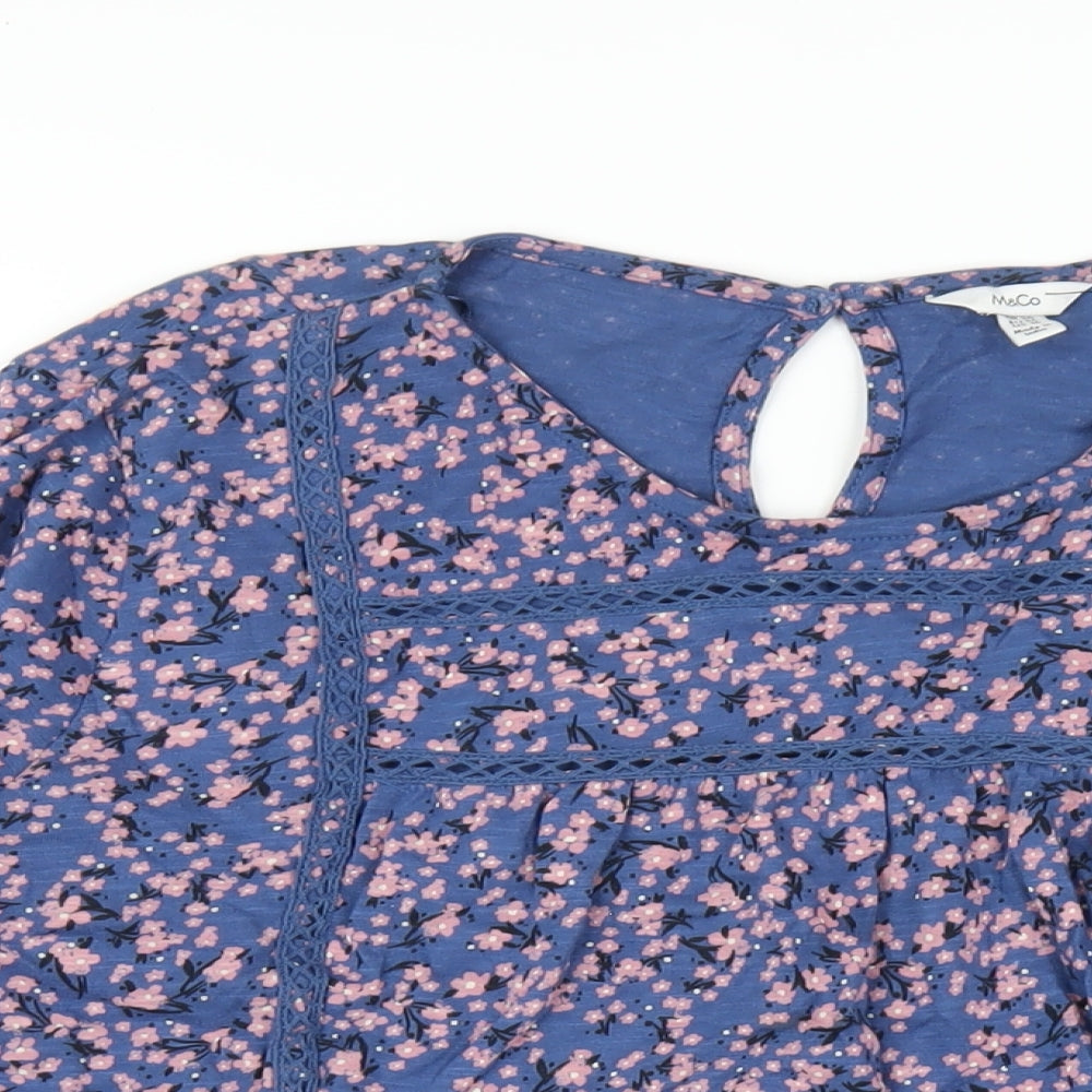 M&Co Womens Blue Floral Cotton Basic T-Shirt Size 20 Round Neck