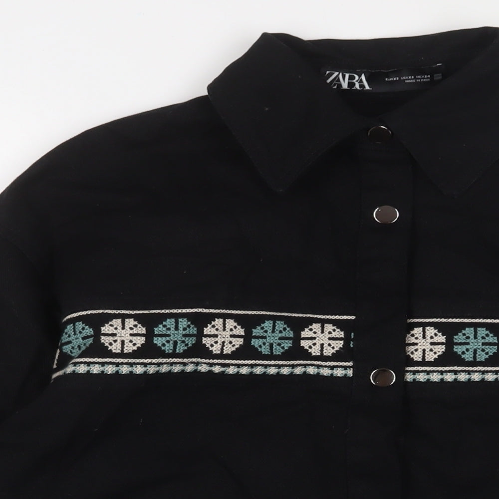 Zara Womens Black Fair Isle Cotton Basic Button-Up Size XS Collared - Embroidered