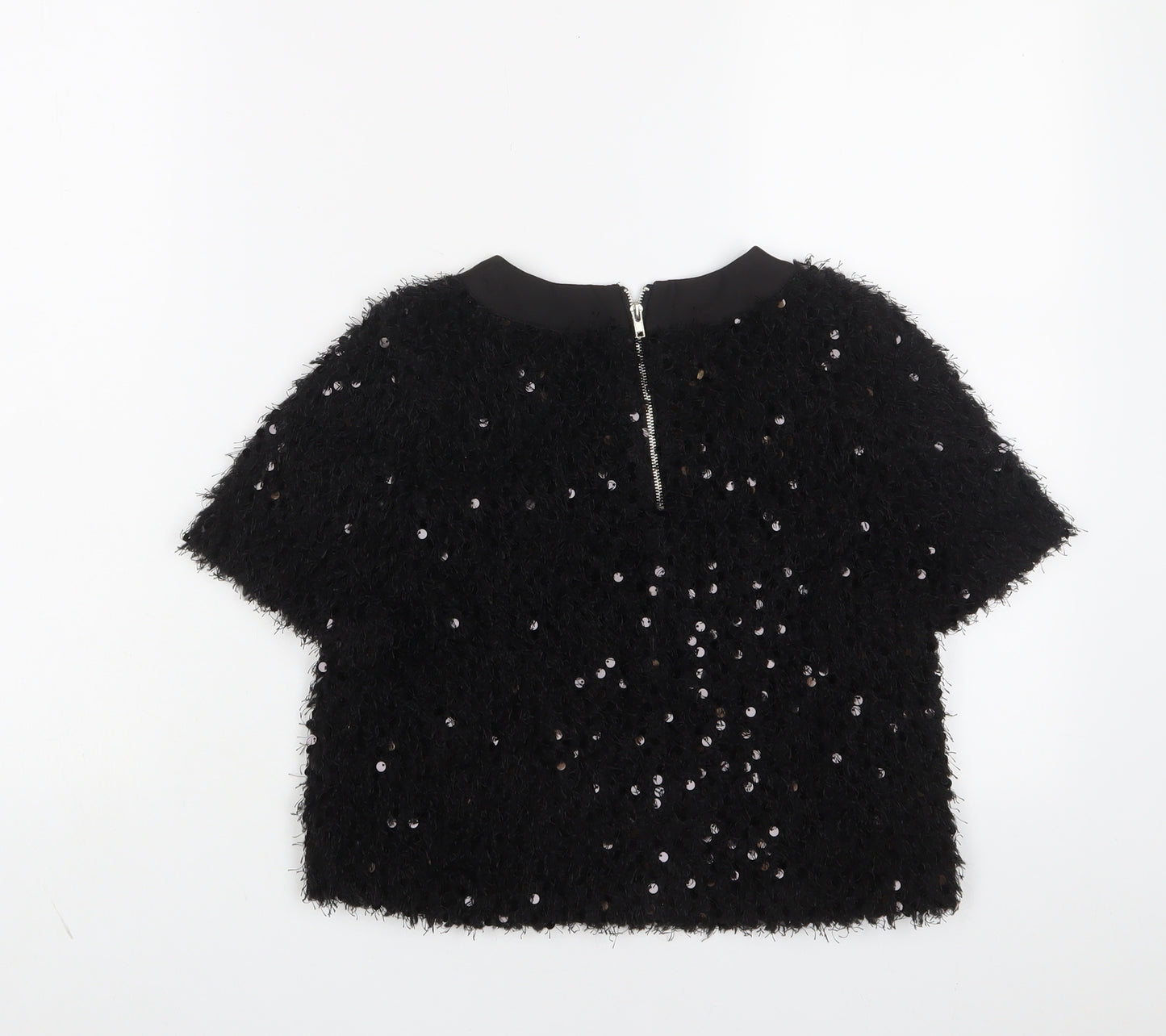 Sister Jane Womens Black Polyester Cropped T-Shirt Size S Crew Neck - Sequins