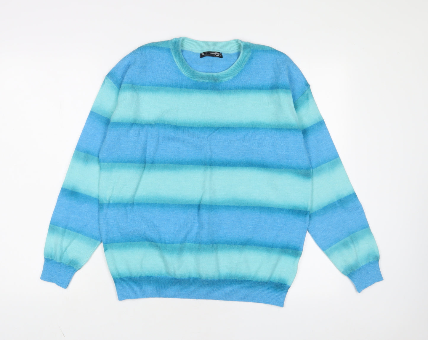 Dazy Womens Blue Crew Neck Striped Polyester Pullover Jumper Size M