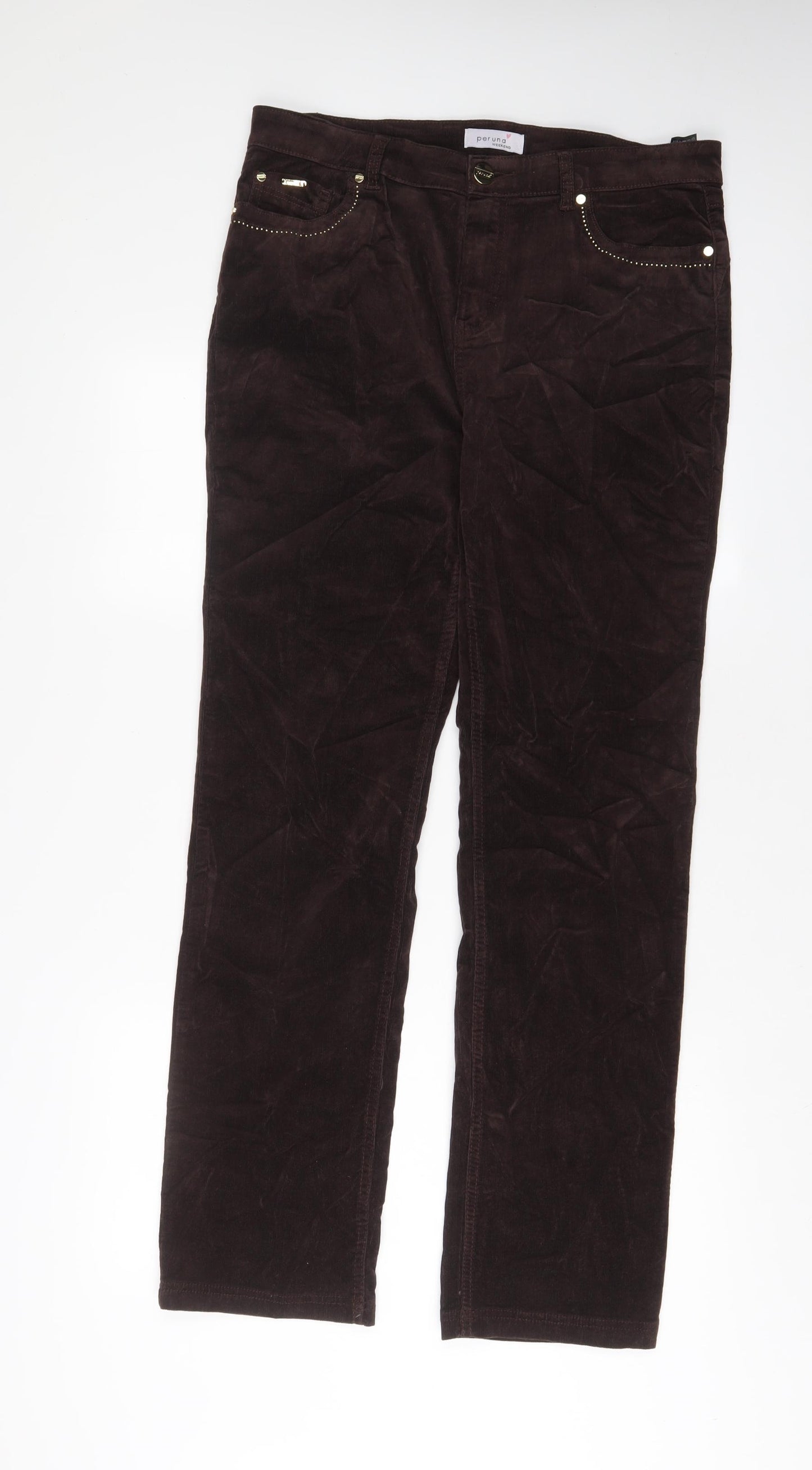 Per Una Womens Brown Cotton Trousers Size 14 L32 in Regular Zip