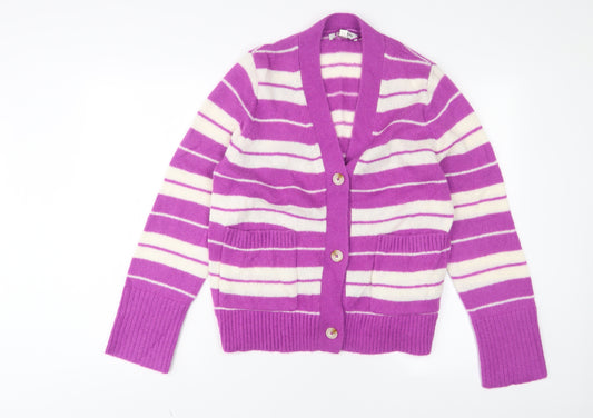 Autograph Womens Purple V-Neck Striped Acrylic Cardigan Jumper Size 14