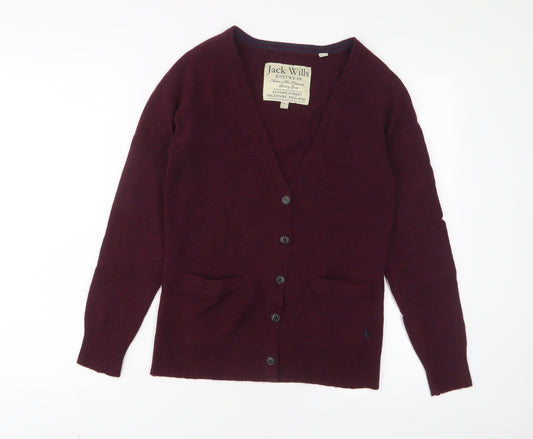 Jack Wills Womens Red V-Neck Wool Cardigan Jumper Size 10