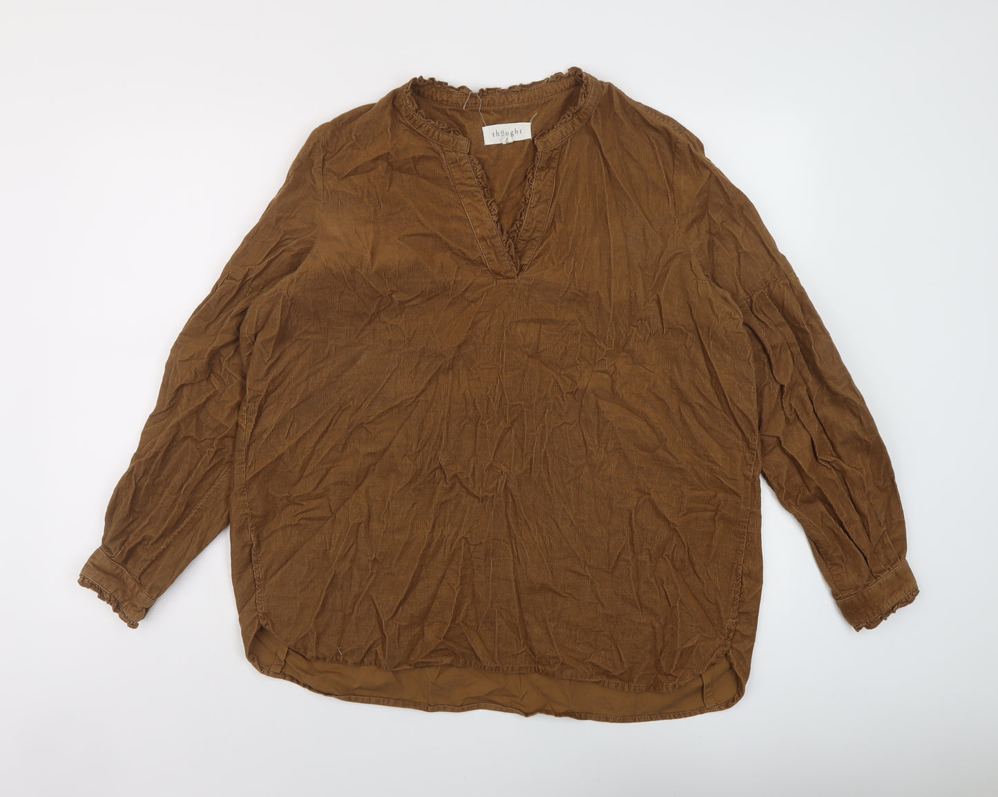 Thought Womens Brown Cotton Basic Blouse Size 12 V-Neck