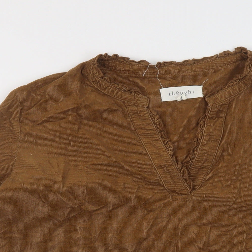 Thought Womens Brown Cotton Basic Blouse Size 12 V-Neck