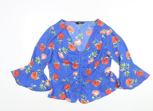 Jane Norman Womens Blue Floral Polyester Basic Blouse Size 14 V-Neck - Bell Sleeve Peplum