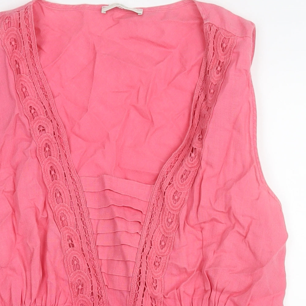 Marks and Spencer Womens Pink Linen Camisole Blouse Size 20 V-Neck - Lace Trim Pleat Detail