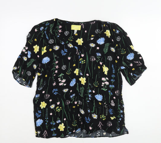 Joules Womens Black Floral Viscose Basic Blouse Size 12 V-Neck