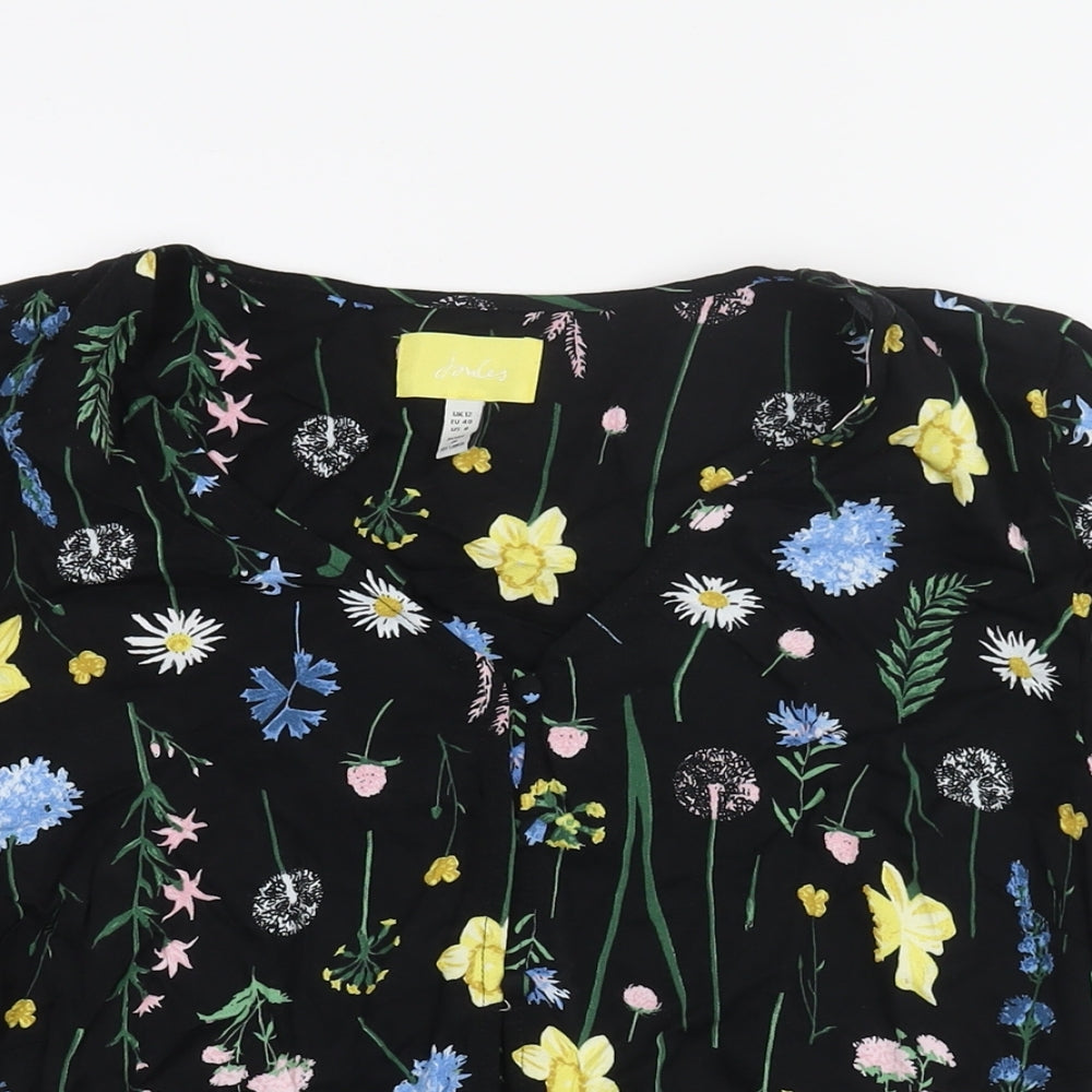 Joules Womens Black Floral Viscose Basic Blouse Size 12 V-Neck