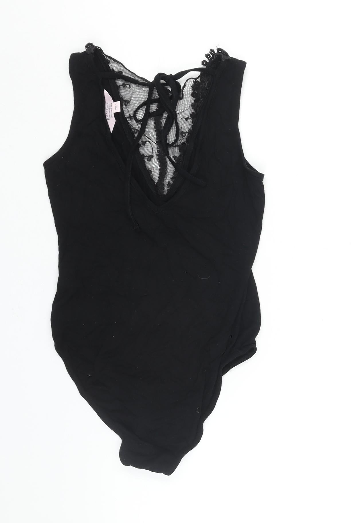 Miss Selfridge Womens Black Viscose Bodysuit One-Piece Size 8 Tie - Mesh Detail Lace Trim Open Back