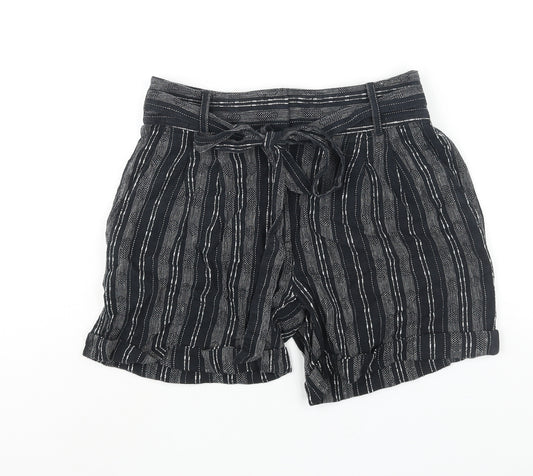 Per Una Womens Black Striped Linen Basic Shorts Size 8 L4 in Regular Zip - Belted