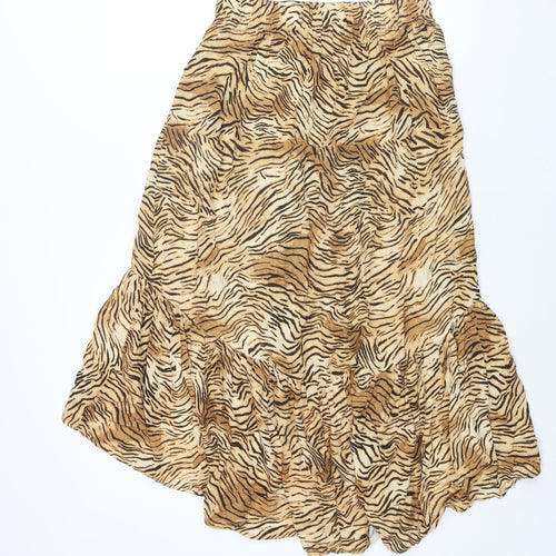 New Look Womens Brown Animal Print Viscose Wrap Skirt Size 10 Tie - Hi-Low Frill Tiger Print