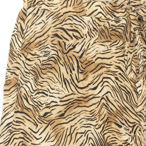 New Look Womens Brown Animal Print Viscose Wrap Skirt Size 10 Tie - Hi-Low Frill Tiger Print