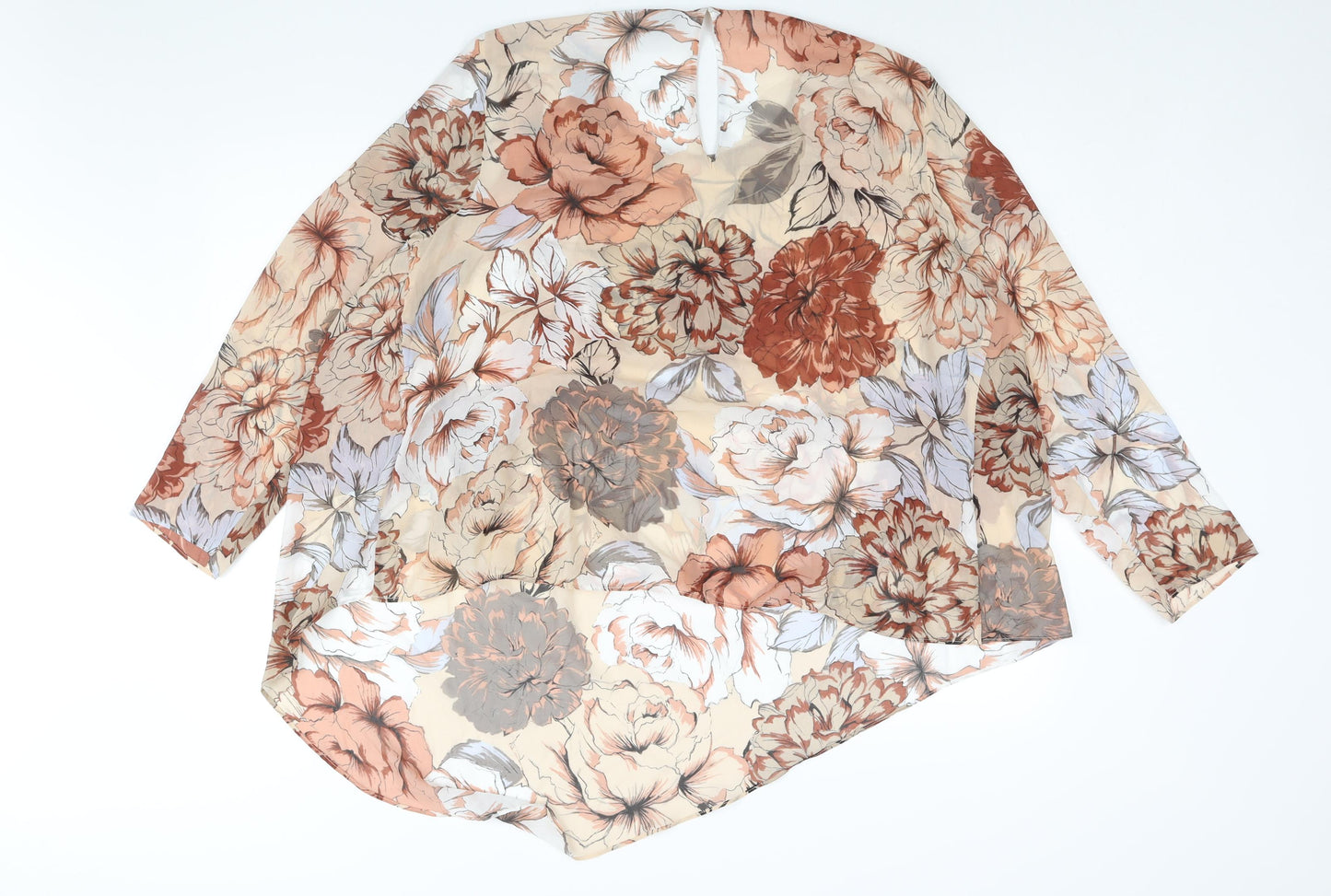 Autograph Womens Beige Floral Polyester Basic Blouse Size 18 Round Neck - Semi Sheer Asymmetric Hem