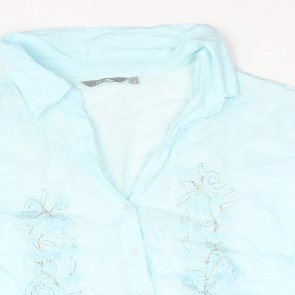 Per Una Womens Blue Cotton Basic Button-Up Size 18 Collared - Floral Embroidery