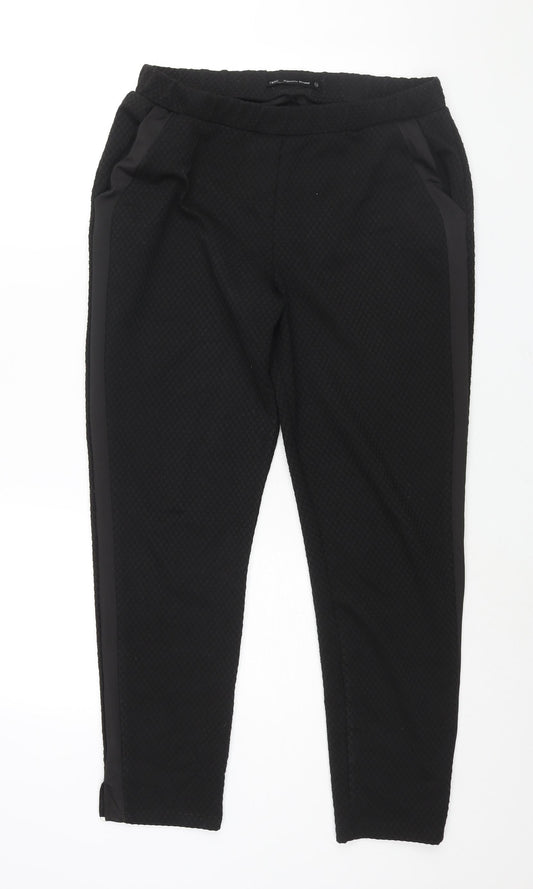 NEXT Womens Black Polyester Trousers Size 14 L29 in Regular - Taped Sides Textured Elasticated Waist