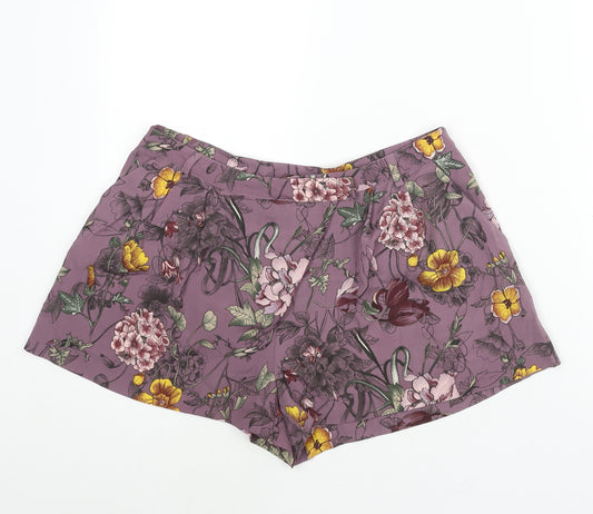 H&M Womens Purple Floral Polyester Basic Shorts Size 12 Regular Zip