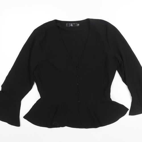 Missguided Womens Black Polyester Basic Blouse Size 12 V-Neck - Peplum Bell Sleeve