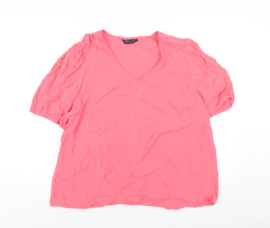 Marks and Spencer Womens Pink Viscose Basic T-Shirt Size 20 V-Neck