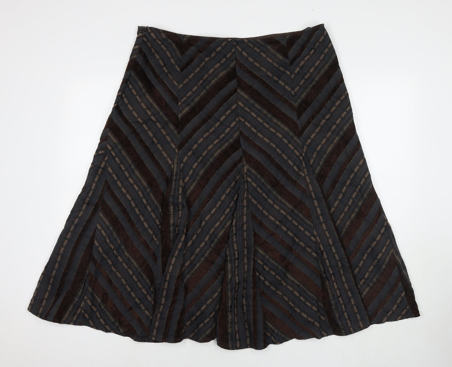 Marks and Spencer Womens Brown Striped Polyester Pleated Skirt Size 18 Zip