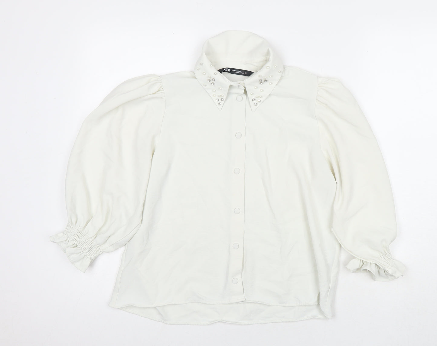 Zara Womens White Polyester Basic Button-Up Size XS Collared - Jeweled Detail