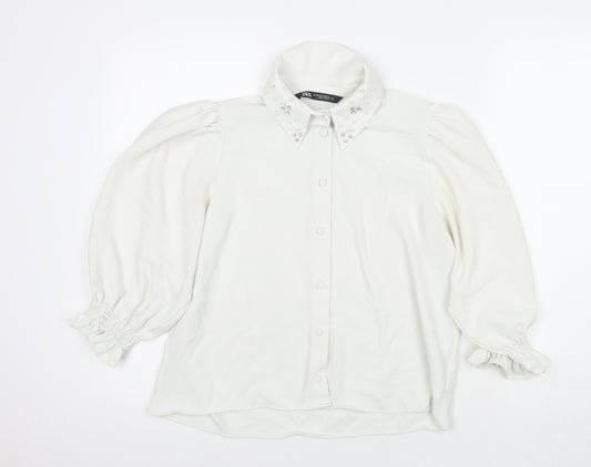 Zara Womens White Polyester Basic Button-Up Size XS Collared - Jeweled Detail