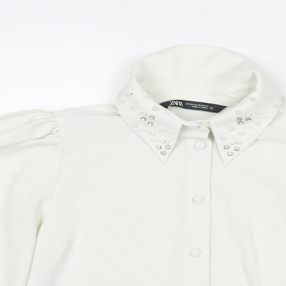 Zara Womens White Polyester Basic Button-Up Size XS Collared - Jeweled Detail