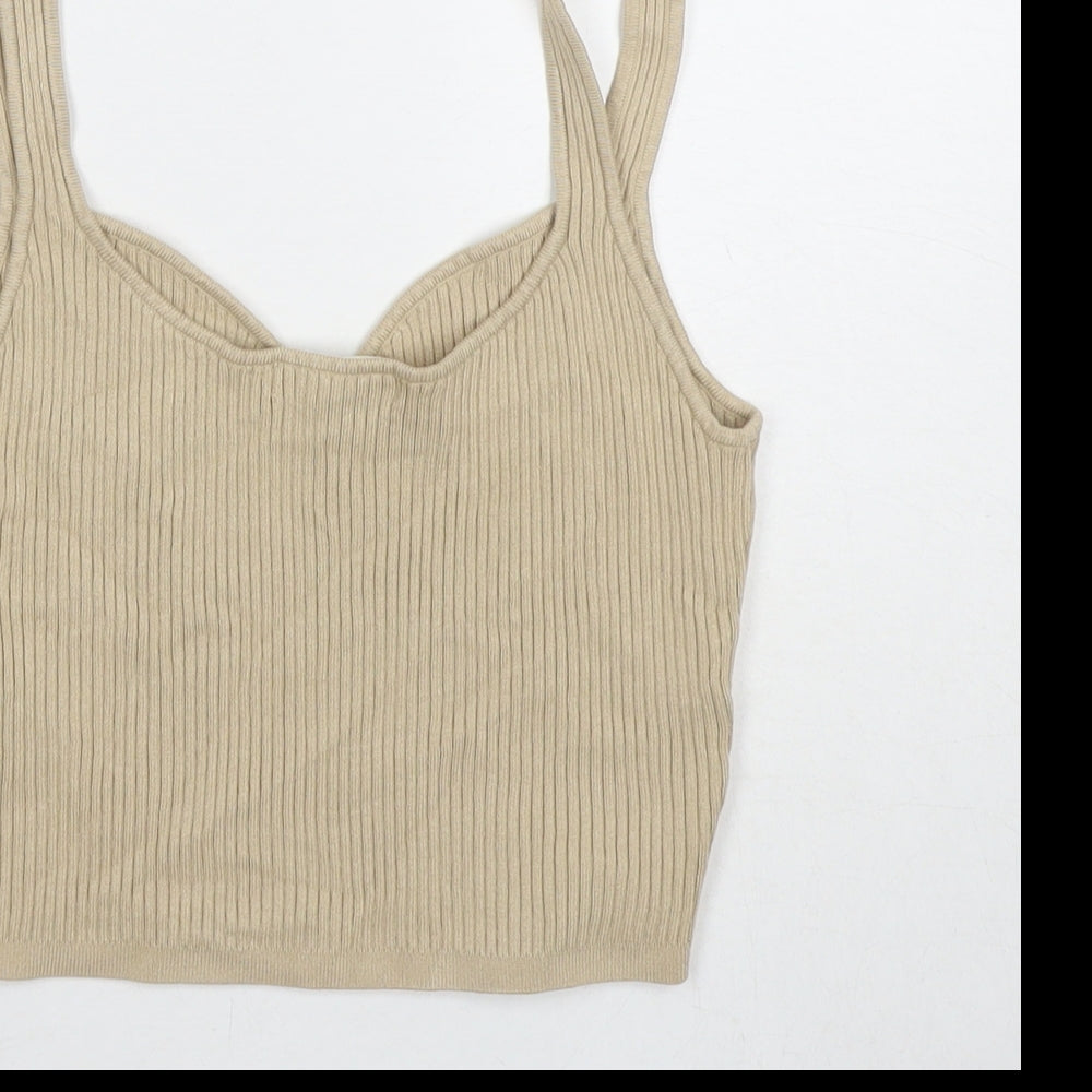 H&M Womens Beige Viscose Basic Tank Size S V-Neck