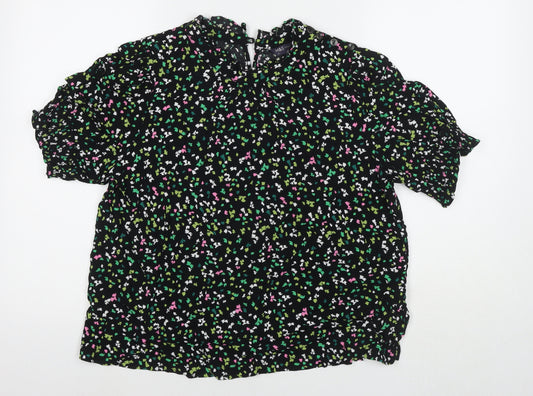 Marks and Spencer Womens Black Floral Viscose Basic T-Shirt Size 18 Round Neck