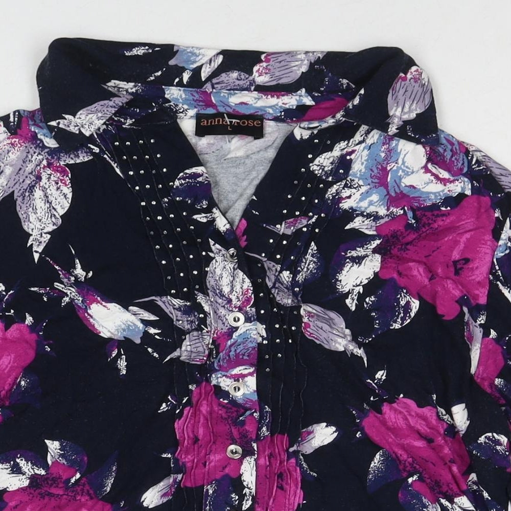 Anna Rose Womens Black Floral Viscose Basic Button-Up Size L Collared