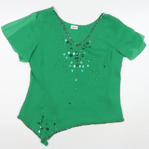 Together Womens Green Polyester Basic Blouse Size 14 V-Neck - Beaded Detail