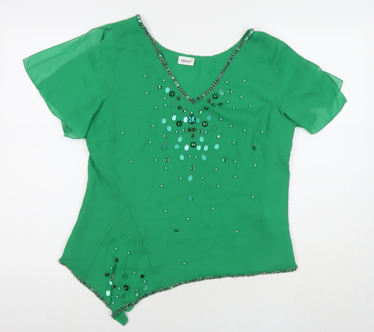 Together Womens Green Polyester Basic Blouse Size 14 V-Neck - Beaded Detail