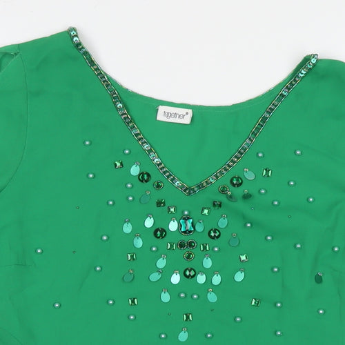 Together Womens Green Polyester Basic Blouse Size 14 V-Neck - Beaded Detail