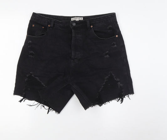 Signature8 Womens Black Cotton Basic Shorts Size L L6 in Regular Button - Raw Hem, Destressed