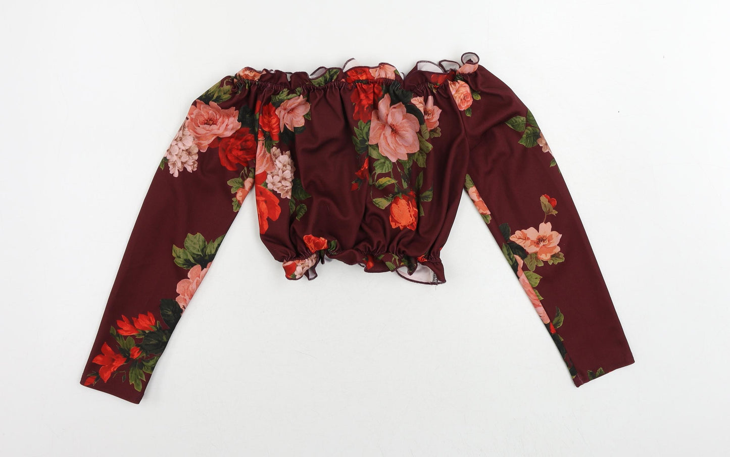 New Look Womens Red Floral Polyester Cropped Blouse Size 12 Off the Shoulder